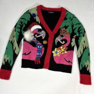 Dagacci Women's Holiday Flamingo Cardigan - Green and Pink